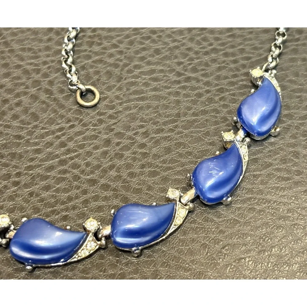 Vintage 1950's Blue Lucite Moon Glow Necklace Silver Tone Rhinestone Adjustable